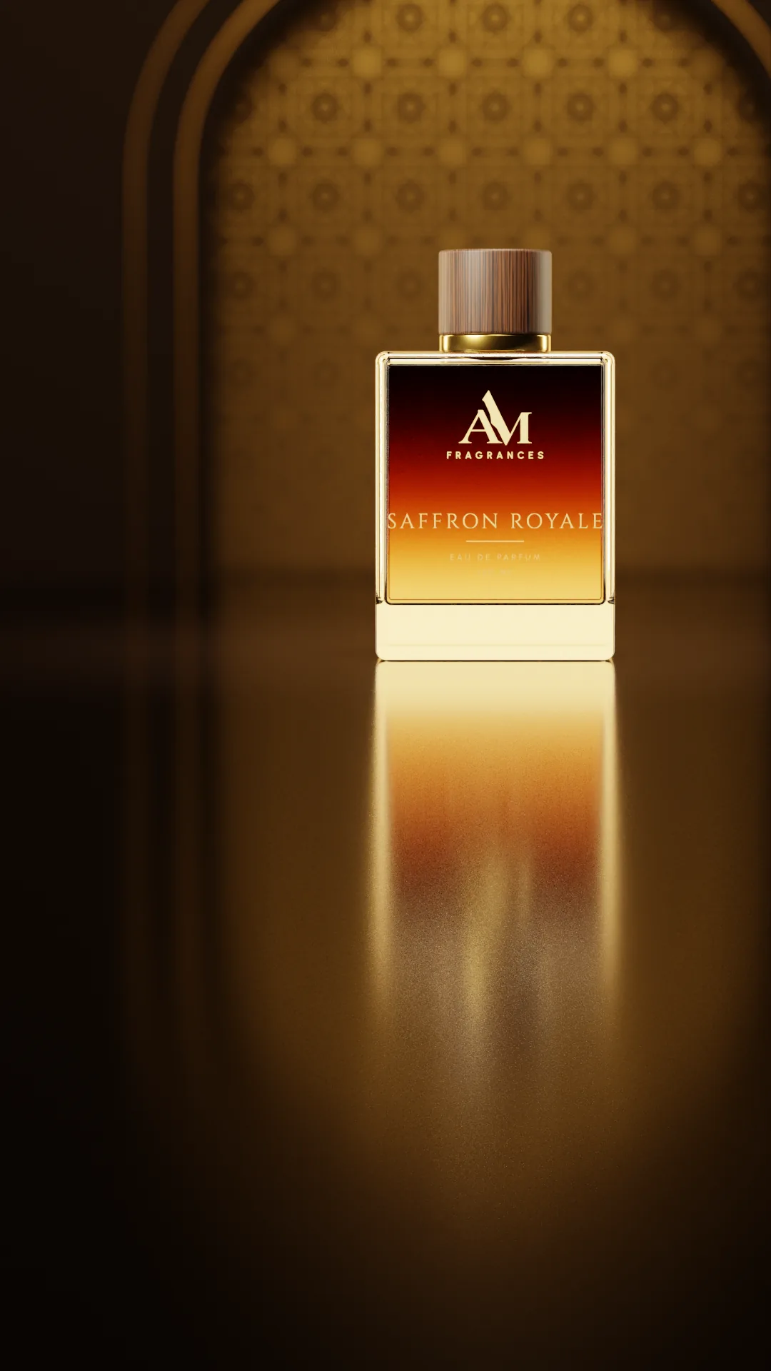 Saffron Royale eau de parfum standing in a glowing Mughal archway