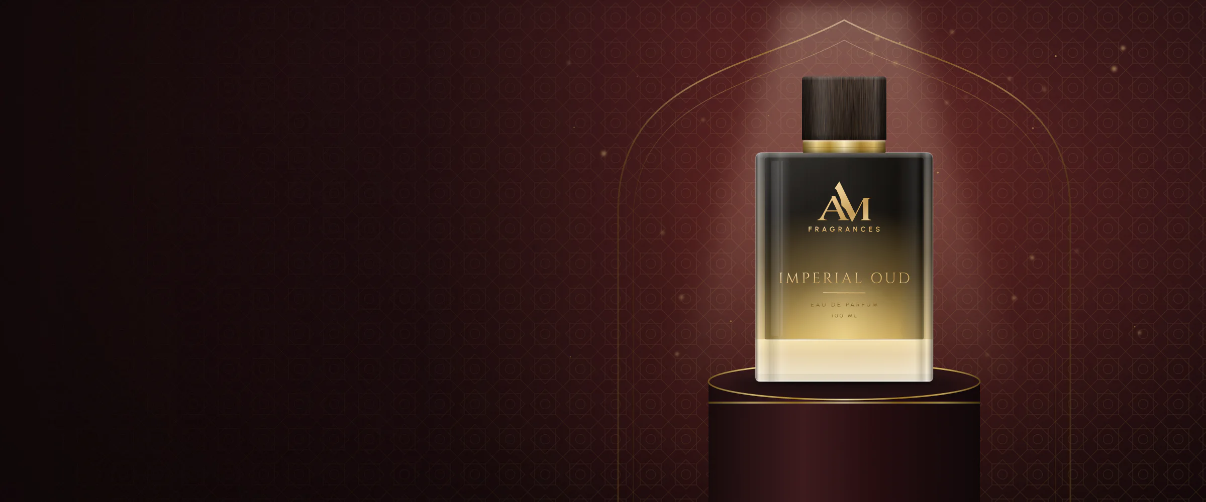 Imperial Oud on a velvet plinth under a gold arch